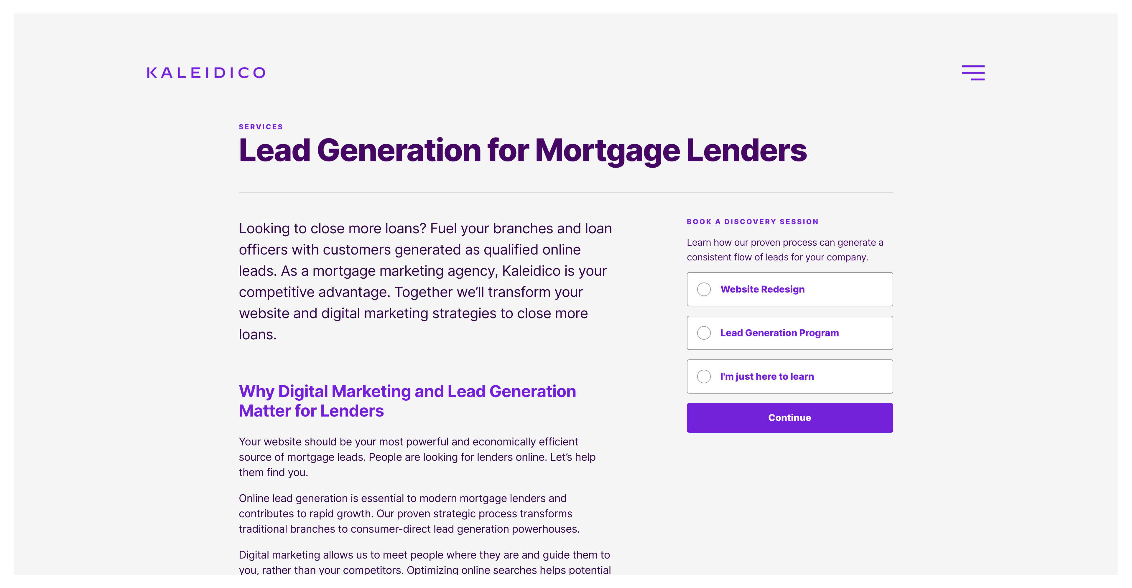 Kaleidico's mortgage website landing page.