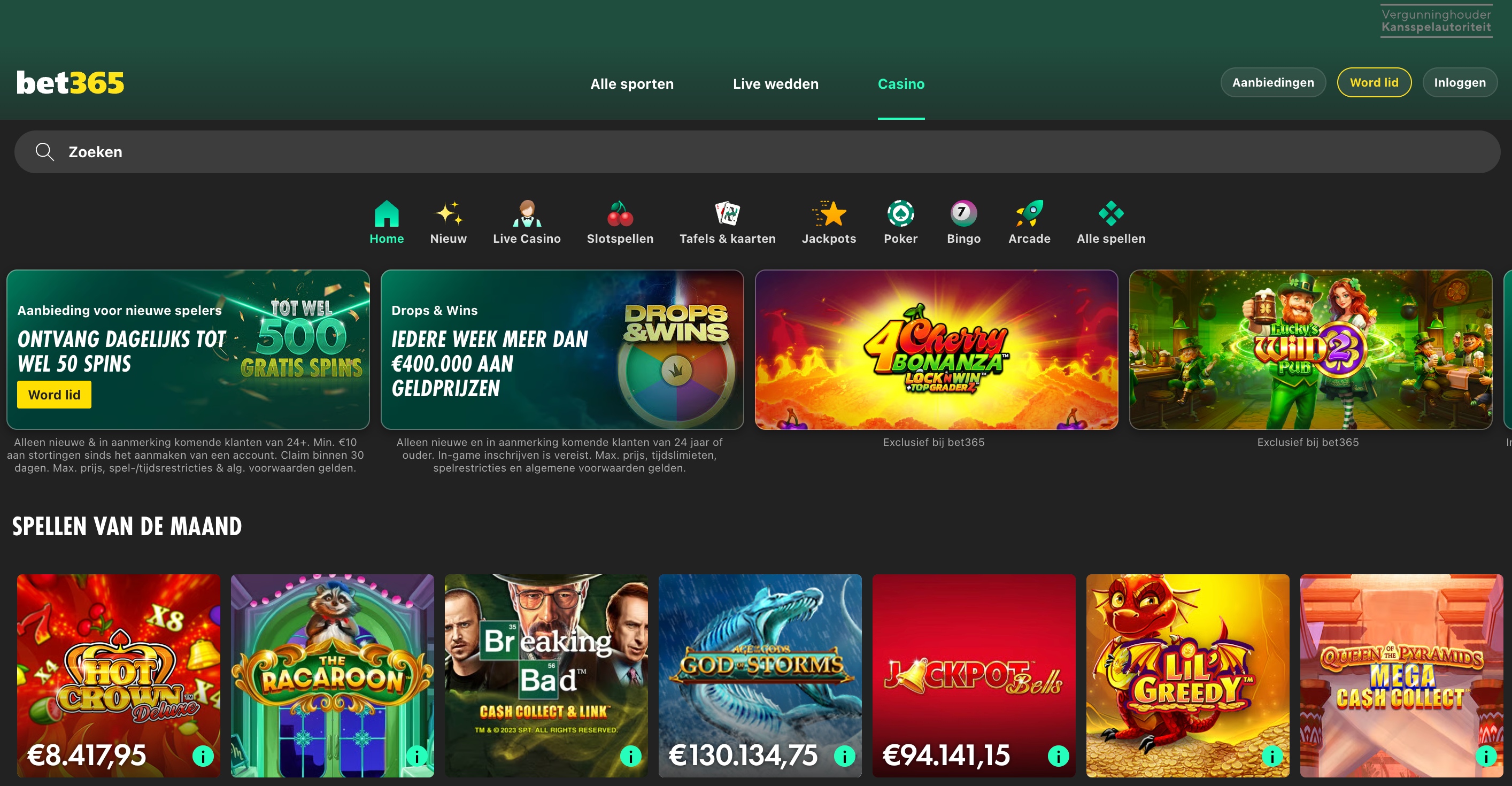 Homepage van bet365, een bekende legale goksite in Nederland, met online casino spellen, jackpots en mogelijkheden voor gokken online via een platform met vergunning van de Kansspelautoriteit.