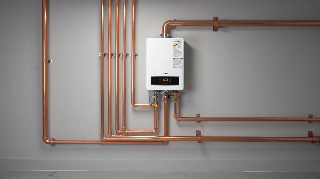The image shows a newly installed tankless water heater mounted on a utility room wall, adjacent to neatly arranged copper piping. This efficient water heater is part of the home's plumbing system, providing reliable service for homeowners' heating needs.