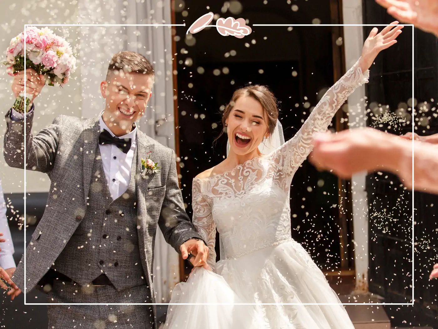 Joyful bride and groom exiting their wedding ceremony, showered with confetti. Fabulous Flowers & Gifts