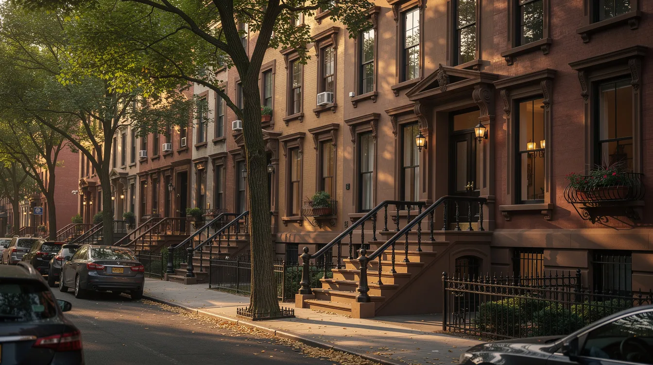 The image depicts a row of traditional brownstone buildings lining a tree-filled street in a New York neighborhood, showcasing the architectural charm that attracts real estate investors. These income-producing rental properties highlight the potential for rental income and cash flow in New York's real estate market.