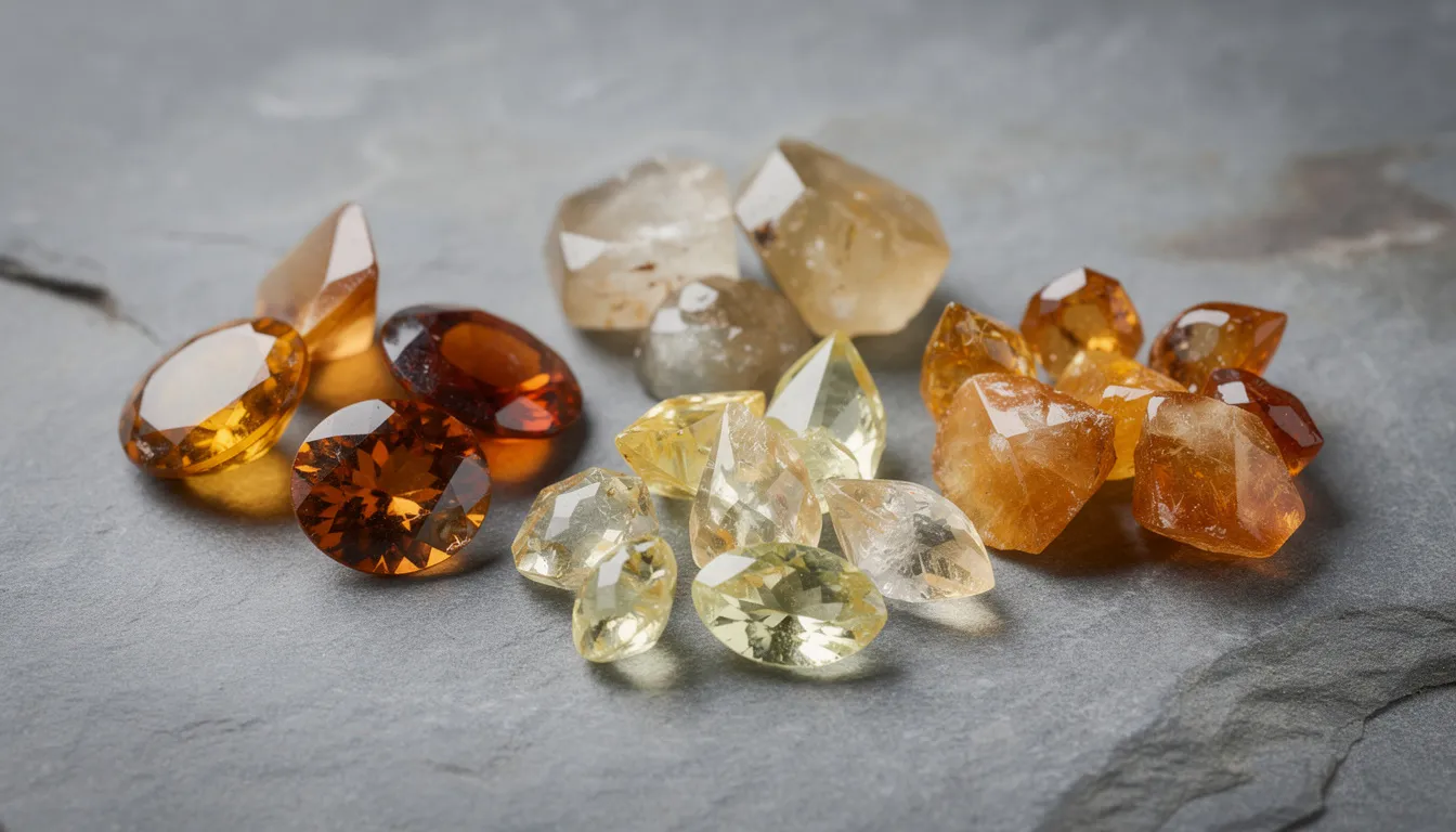 The image showcases various types of citrine, including Golden Citrine, Madeira Citrine, and Lemon Quartz, all displayed together to highlight their unique colors and characteristics. Surrounding the citrine are other gemstones like amethyst and rose quartz, creating a vibrant and colorful arrangement.