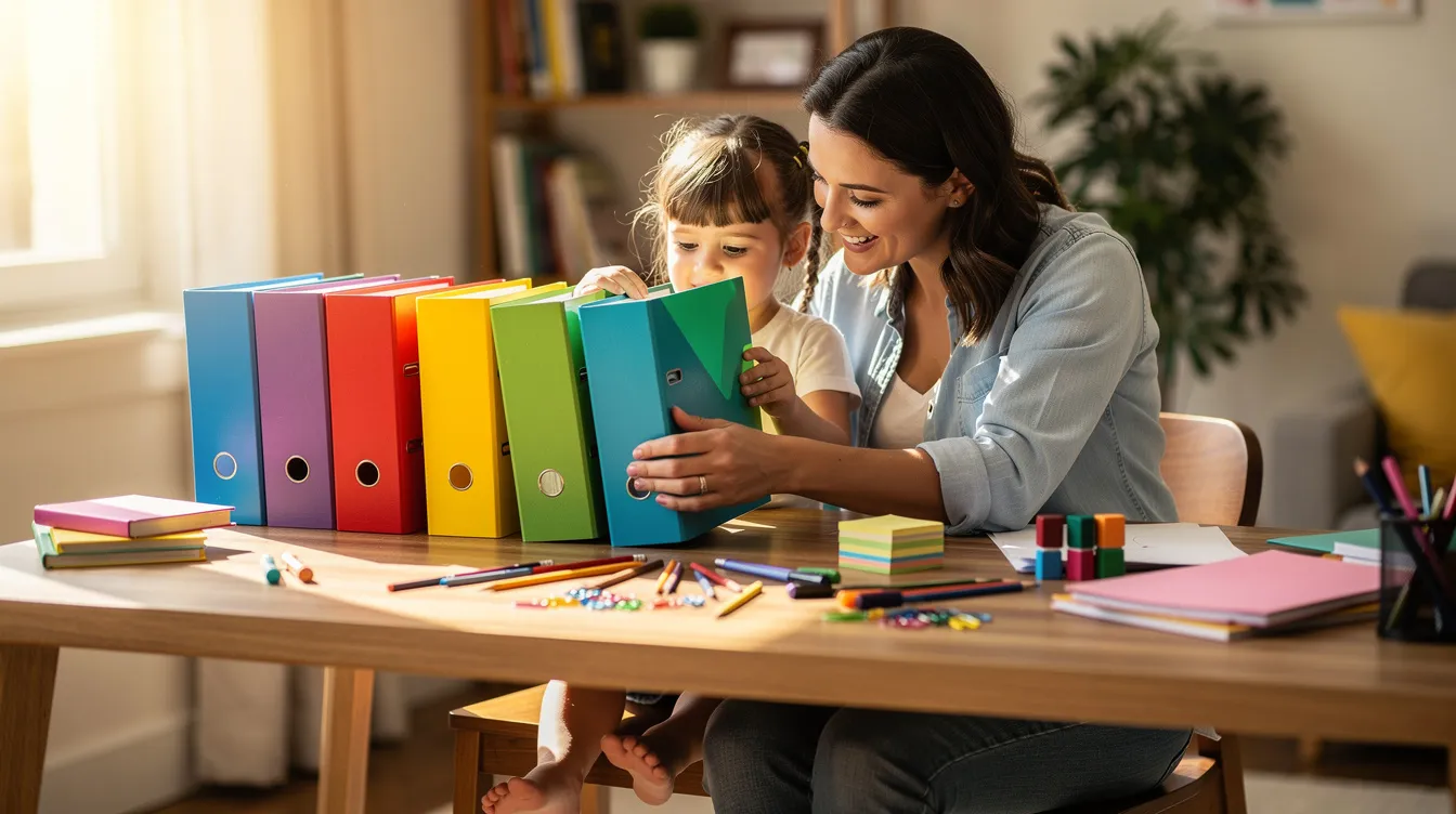A parent and child are sitting at a desk, happily organizing colorful folders and stationery together in preparation for the new school year. This engaging activity helps the child adjust to the school routine and build confidence as they navigate their transition to primary school.