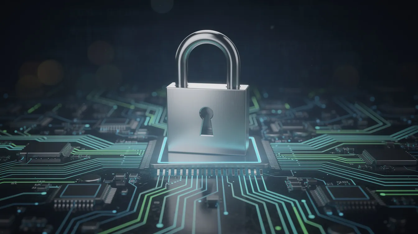 The image features a digital padlock superimposed on a luminous circuit board pattern, symbolizing cybersecurity and the protection of online transactions. This visual representation highlights the importance of secure payment processing solutions, such as Stripe and PayPal, for online businesses managing payment information and transaction fees.