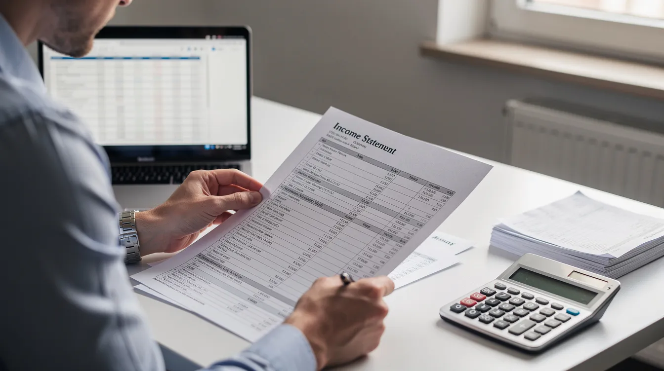 A person is sitting at a desk, focused on reviewing financial statements, with a laptop and a calculator positioned nearby.