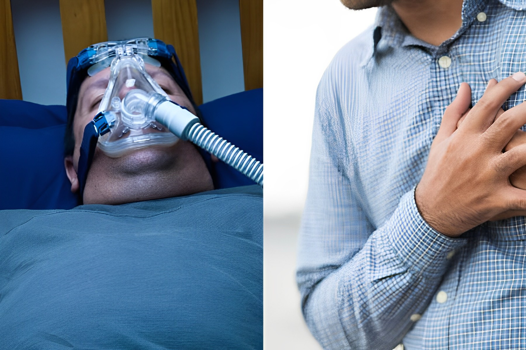 A photo of a man holding his chest in discomfort due to pain (Left), and a man using CPAP machine while sleeping (Right)