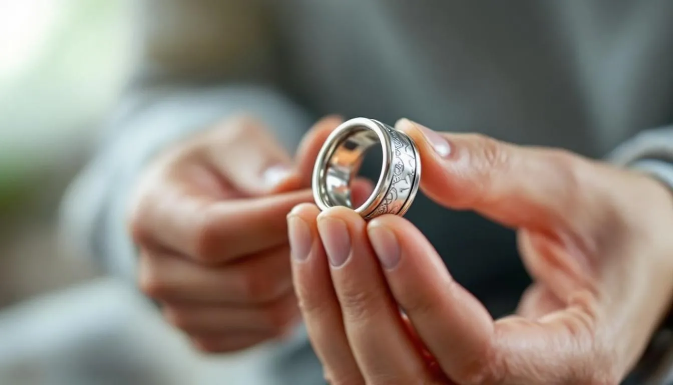 A close-up view showcases hands demonstrating the spinning mechanism of a serenity ring, highlighting its intricate design and beauty. The ring, adorned with diamonds and available in sterling silver and yellow gold, embodies peace and elegance, perfect for enhancing one's meditation practice.