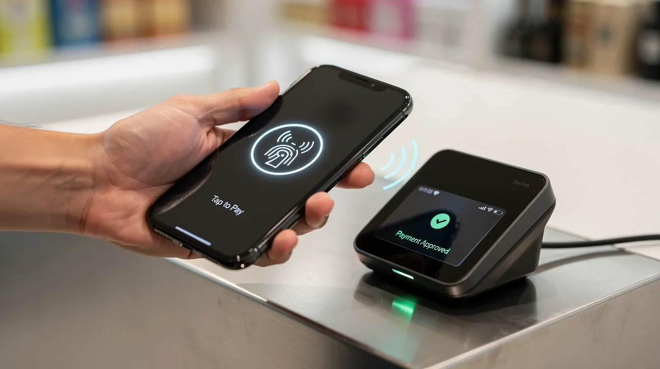 A close-up image shows a person using a smartphone to make a contactless payment at a modern checkout counter, highlighting the convenience of digital payments and innovative technologies in today's financial landscape. The scene emphasizes the seamless experience of secure payments as part of the evolving consumer spending journey.