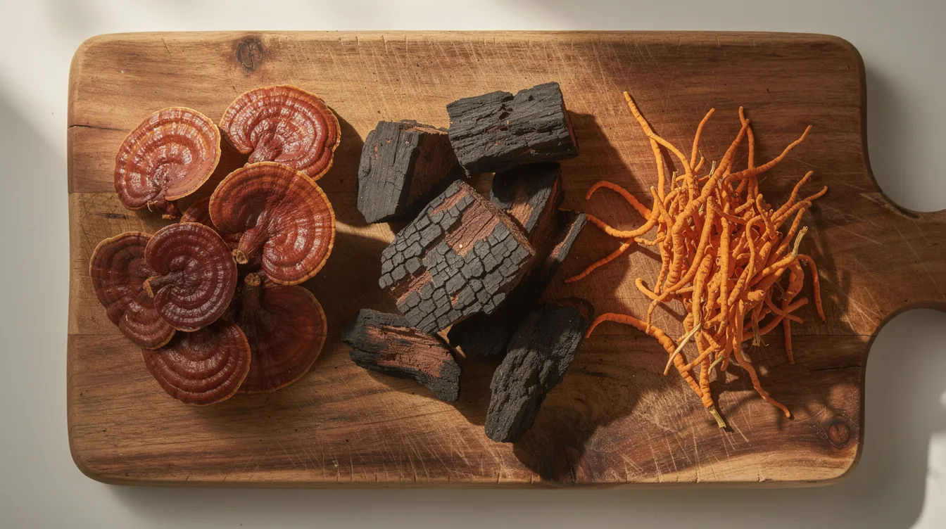 The image displays several types of medicinal mushrooms, including reishi, chaga, and cordyceps, arranged neatly on a wooden cutting board. Each mushroom appears distinct in shape and color, showcasing the variety found in this community of fungi.