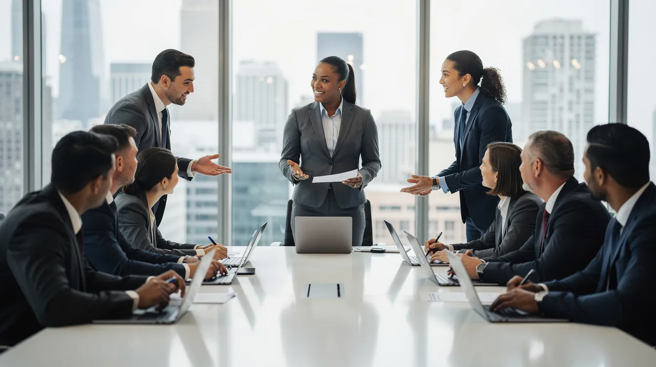 Des professionnels participent à une réunion d'affaires internationale, discutant autour d'une table. On peut percevoir des expressions de collaboration et d'échange de connaissances, illustrant l'importance des relations dans le contexte des affaires.