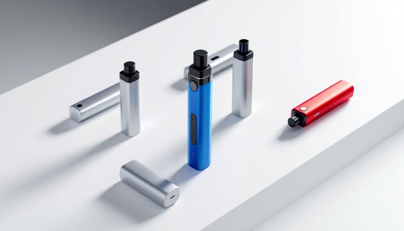 An assortment of pod ecigs on display, showcasing various designs and colors.