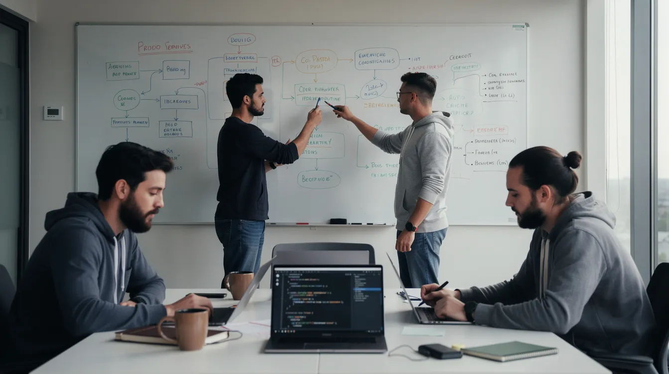A small team of developers planning work at a whiteboard