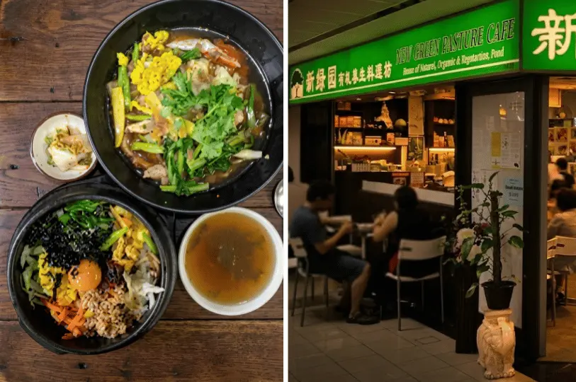 A composite image showing a top-down view of colorful Korean-style mixed rice and stew dishes in dark stone bowls on a wooden table, next to the entrance of the New Green Pasture Cafe where patrons are seated and dining.