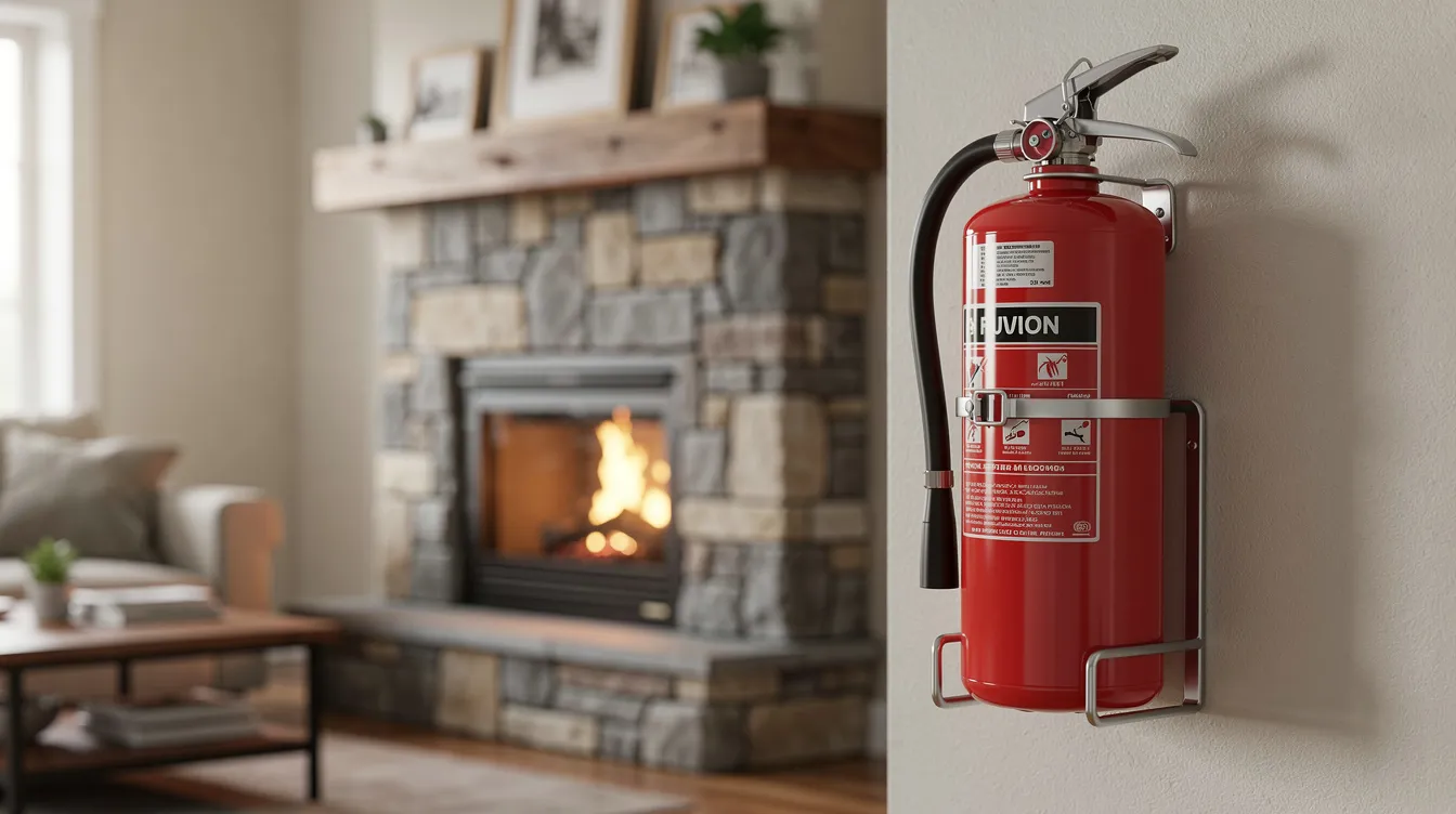 A red fire extinguisher is securely mounted on a wall near a stone fireplace in a cozy living room, emphasizing the importance of fireplace safety. This setup serves as a reminder for homeowners to always be prepared and vigilant against fire hazards, especially during the colder months.