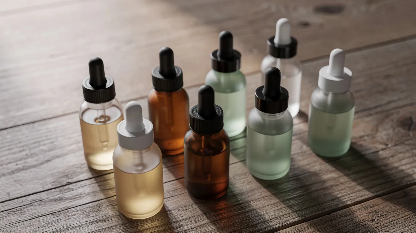 The image features an arrangement of various small glass bottles with dropper caps placed on a wooden surface, showcasing a variety of hemp-derived products that may include delta 8 and other cannabinoids. These bottles represent a segment of the legal cannabis industry, which is regulated under federal law and varies by state, including Virginia's approach to recreational use and medical marijuana.