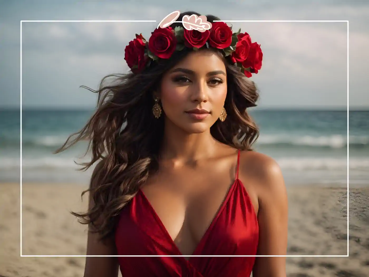 A beautiful woman with a red rose crown on a beach. "Beach Beauty" Fabulous Flowers and Gifts