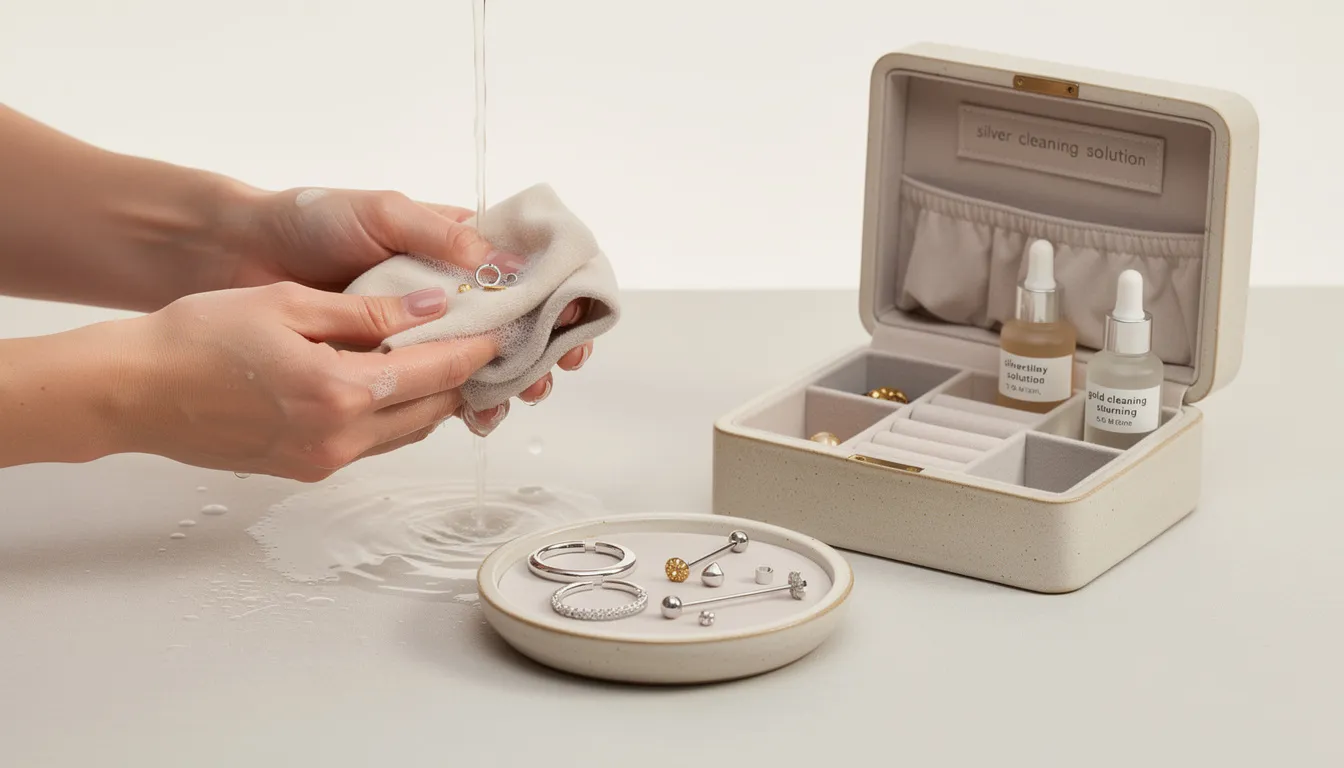 The image depicts a collection of piercing jewellery, including sterling silver stud earrings and gold-plated pieces, neatly arranged in a clean, dry storage box. The jewellery shines brightly, showcasing the careful maintenance and attention to hygiene that helps keep the pieces safe and beautiful for healed piercings.