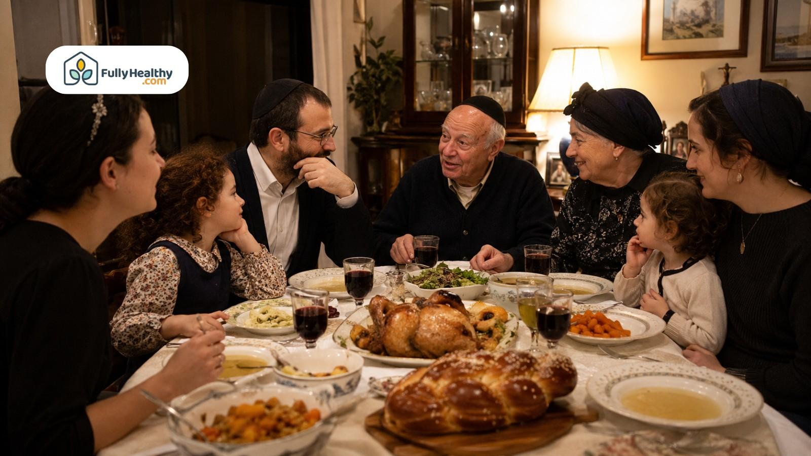 Jewish family sharing traditional kosher dinner with challah roasted chicken and vegetables