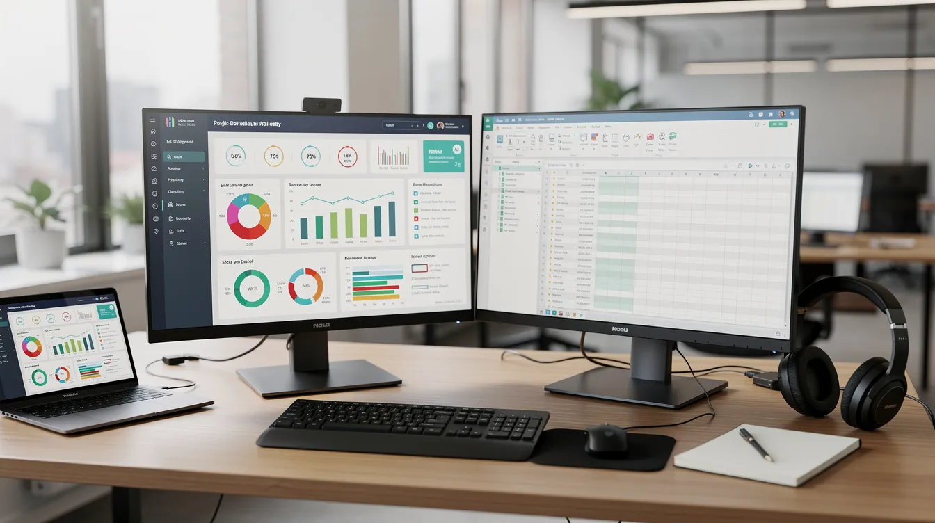 The image features a professional workstation equipped with dual monitors displaying business software relevant to dental billing and practice management. This setup is designed to streamline operations for dental offices, enhancing efficiency in managing patient billing and insurance claims.