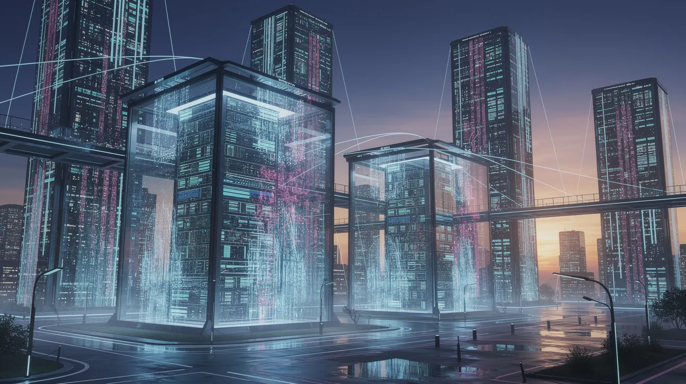 The image depicts a futuristic city skyline at dusk, characterized by glowing server buildings and advanced data infrastructure, symbolizing the rise of the AI economy and the potential AI bubble. This vibrant scene reflects the massive earnings growth and revenue growth seen in AI-related companies within today's financial markets.