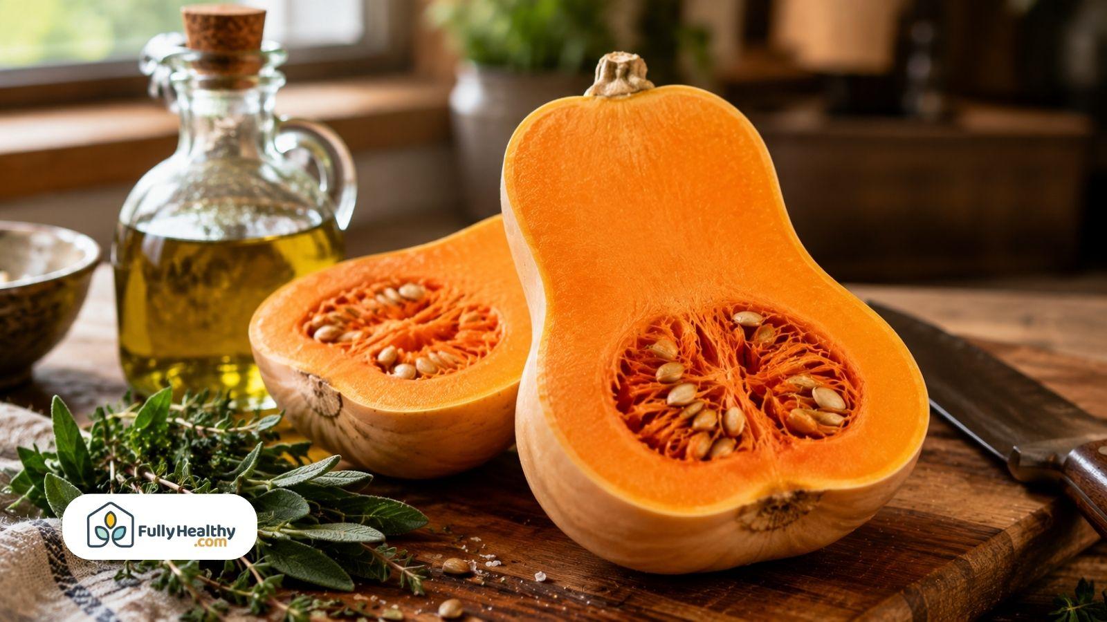 Fresh butternut squash halves beside olive oil and herbs on wooden board