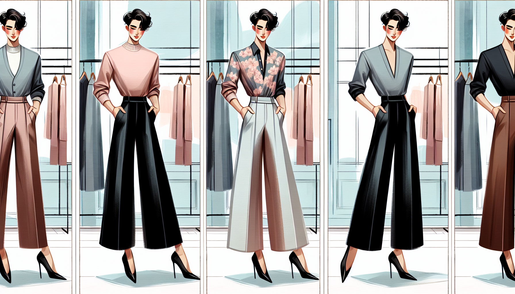 Illustration of styling tips for wide leg pants