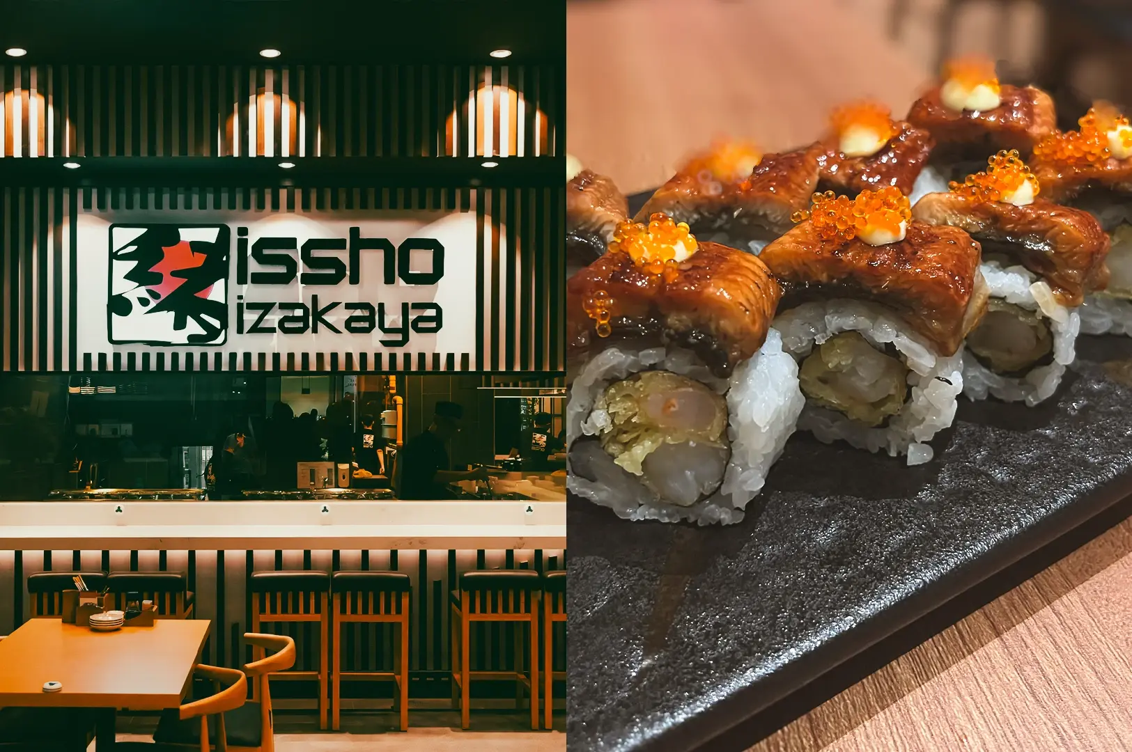 Left: Eye‑level interior shot of an izakaya bar counter with high stools, vertical slatted wall panels, illuminated signage reading ‘Issho Izakaya,’ and staff visible behind the counter, creating a polished CBD dining environment. Right: Close‑up, three‑quarter angle of sushi rolls topped with glazed fish and small orange roe, arranged on a dark ceramic plate with visible rice grains and layered fillings.