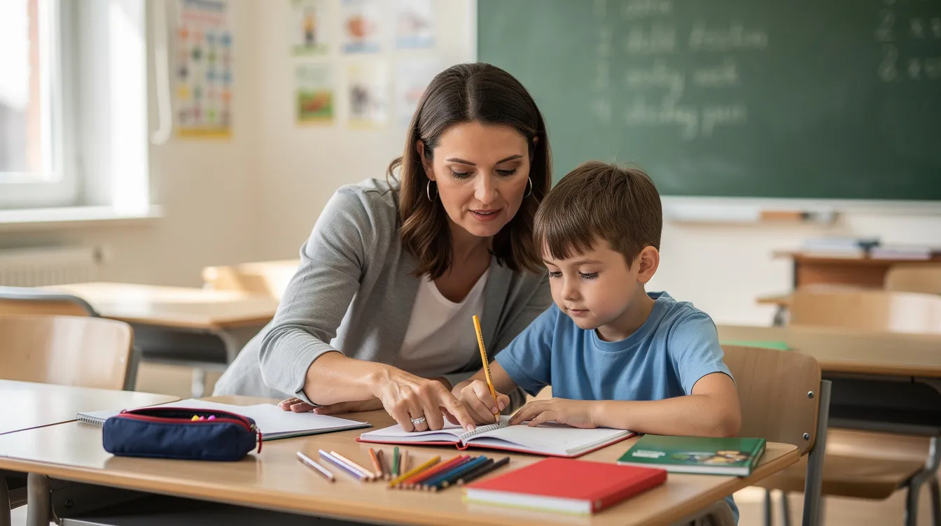 Na zdjęciu widoczny jest nauczyciel wspomagający, kt&oacute;ry pracuje indywidualnie z uczniem przy biurku szkolnym. Wspiera on ucznia w procesie nauczania, dostosowując metody pracy do jego specyficznych potrzeb edukacyjnych.