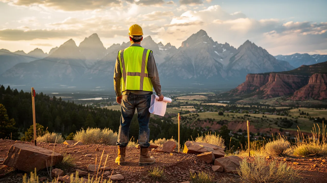 A construction worker wearing a hard hat stands gazing at a stunning mountain landscape in Boulder, Colorado, reflecting on the importance of workplace safety and the potential for workplace injuries. This image captures the essence of the construction industry and the need for experienced workers compensation attorneys to assist injured workers in navigating their claims and receiving fair compensation.
