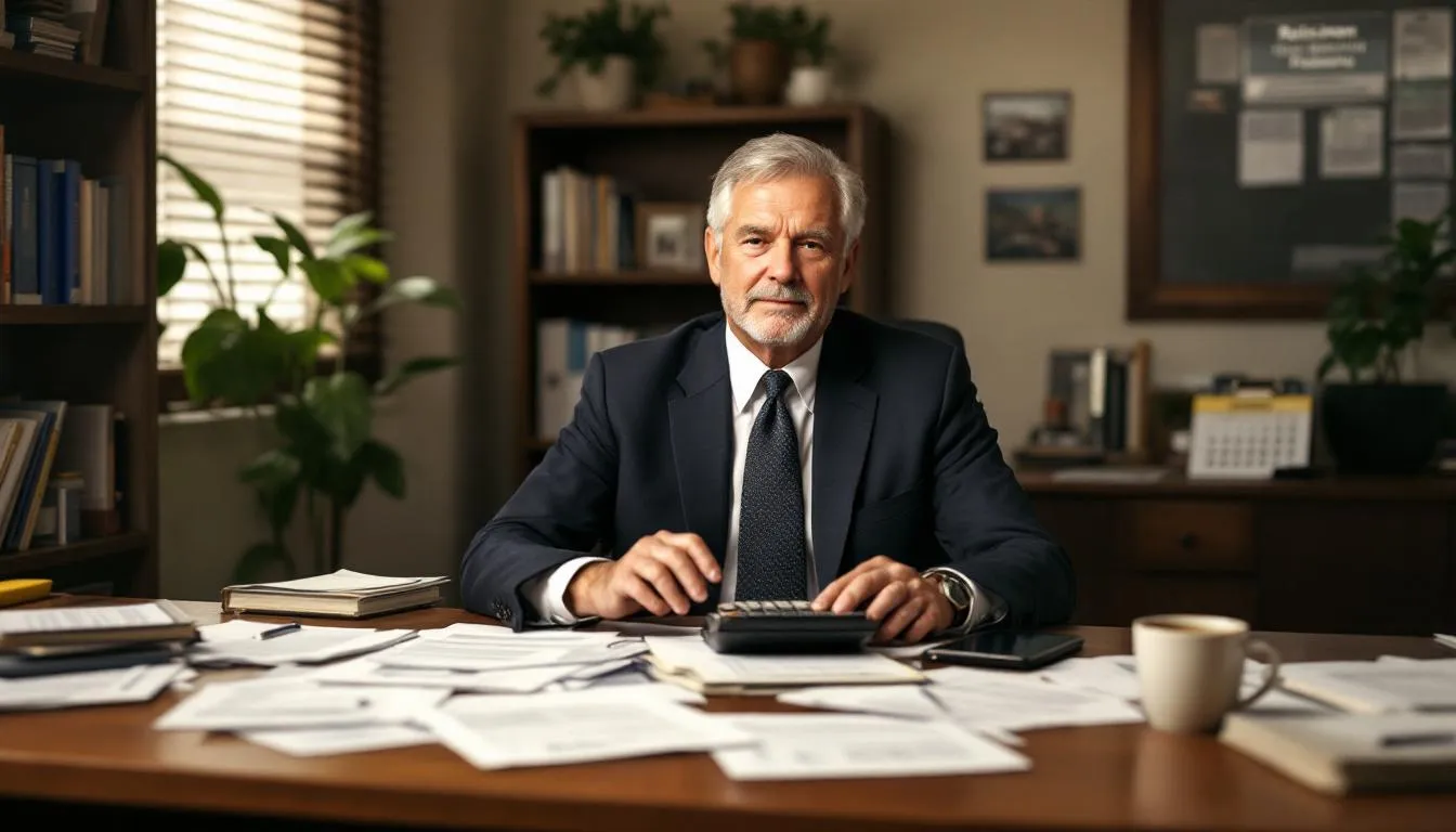 A federal employee is sitting at a desk, using a calculator to plan for retirement, with various documents related to retirement benefits, including details about the civil service retirement system and thrift savings plan, spread out around them. The scene reflects the complex process of calculating future benefits and preparing for a successful retirement.