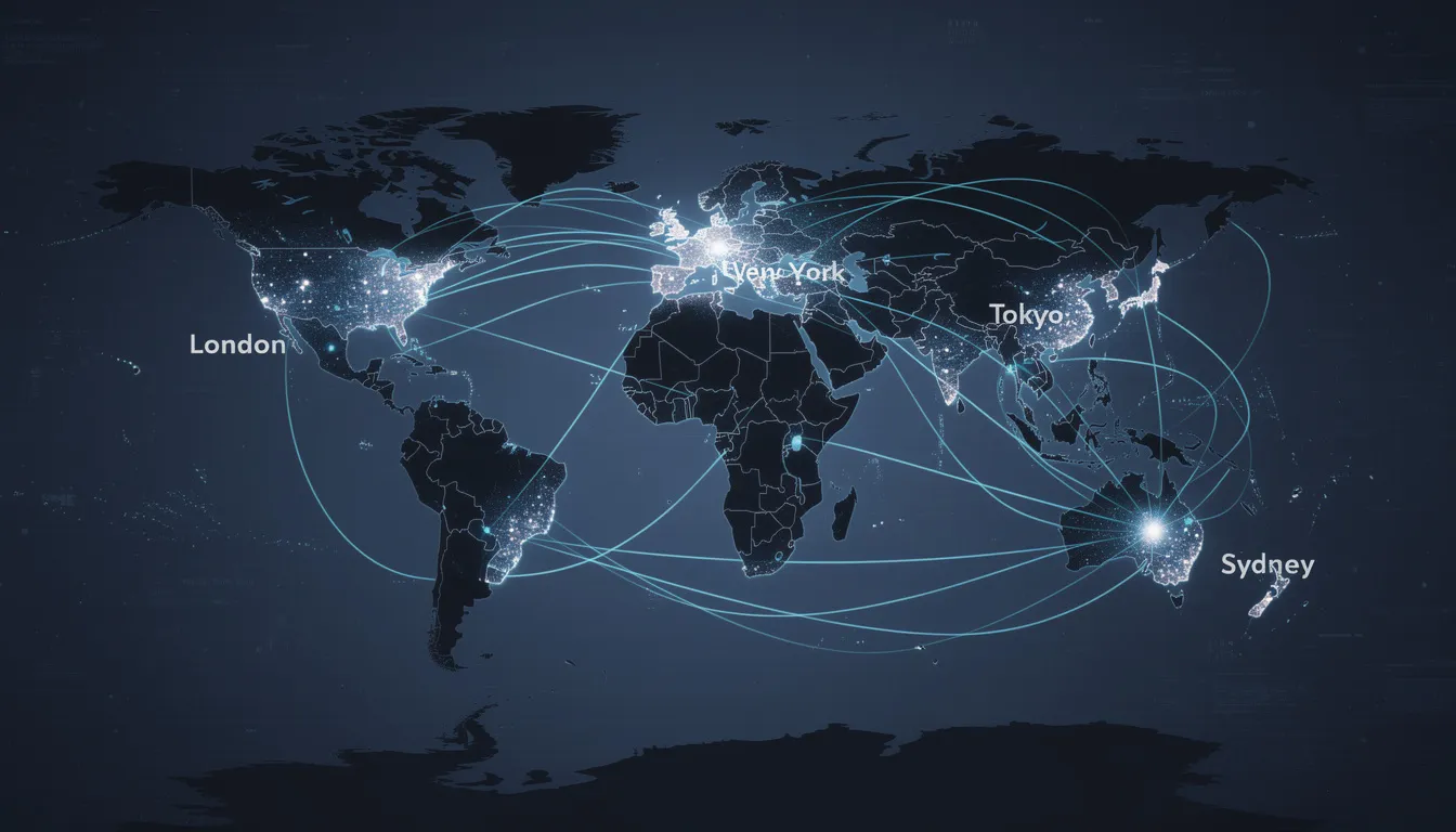 The image depicts a world map highlighting major financial centers such as London, New York, Tokyo, and Sydney, interconnected by digital lines symbolizing the global forex market. This visual representation illustrates the dynamic nature of currency trading and the interconnectedness of financial markets worldwide.