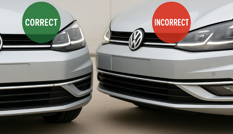 Comparison of 2 cars showing correct and incorrect mounting of headligts