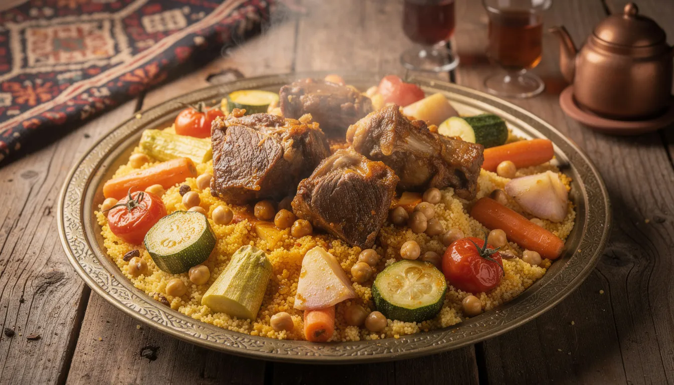 Un plato tradicional de cuscús mauritano, acompañado de carne de cordero y una variedad de verduras, se presenta en una gran fuente, mostrando la riqueza de la gastronomía de Mauritania y su diversidad culinaria. Este delicioso guiso refleja las tradiciones y sabores de África occidental.