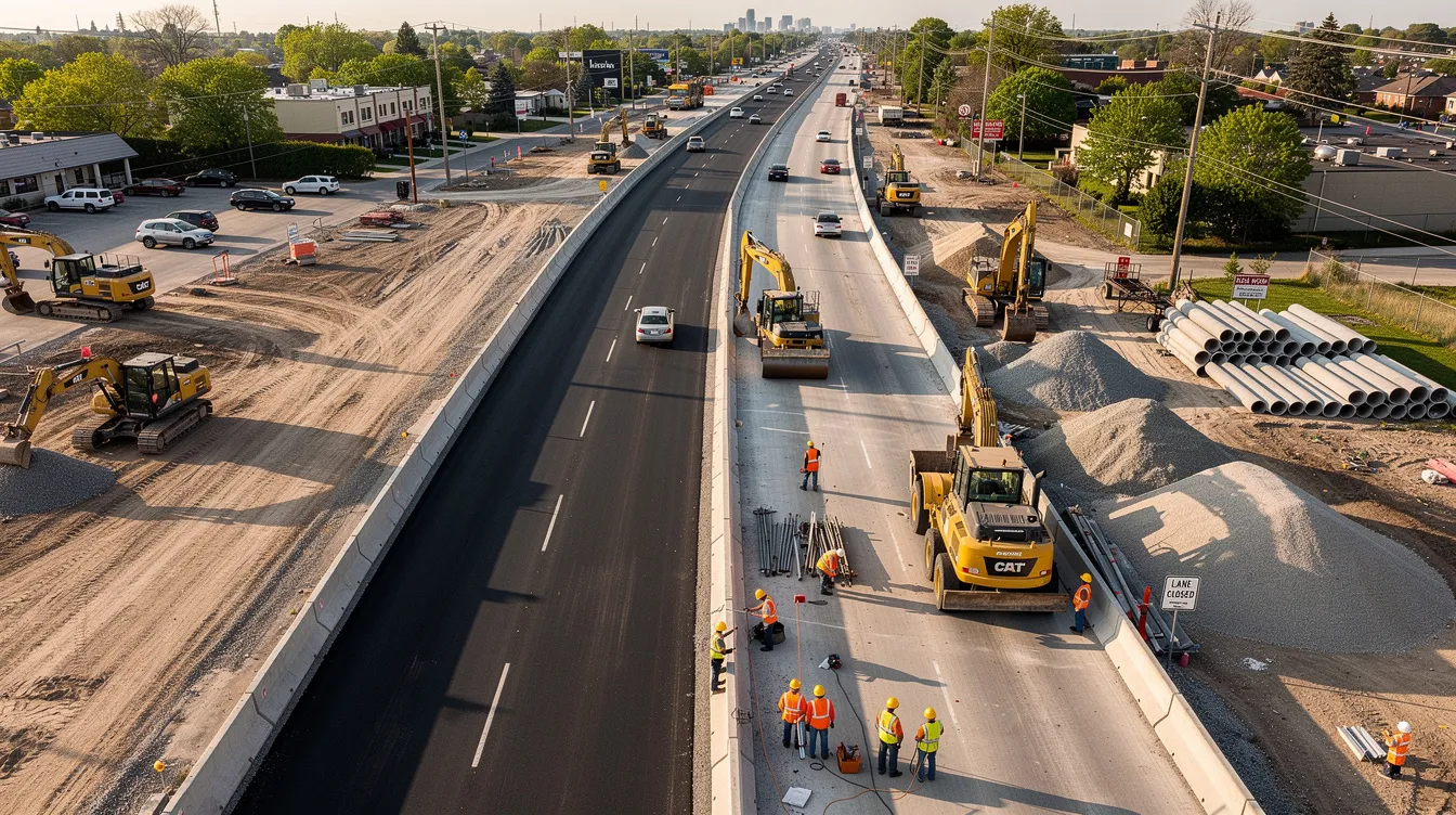 An aerial view of a public construction project shows heavy equipment and workers actively engaged in a road expansion site. This bustling scene highlights the critical role of construction professionals and the importance of performance and payment bonds in ensuring compliance with contractual obligations.