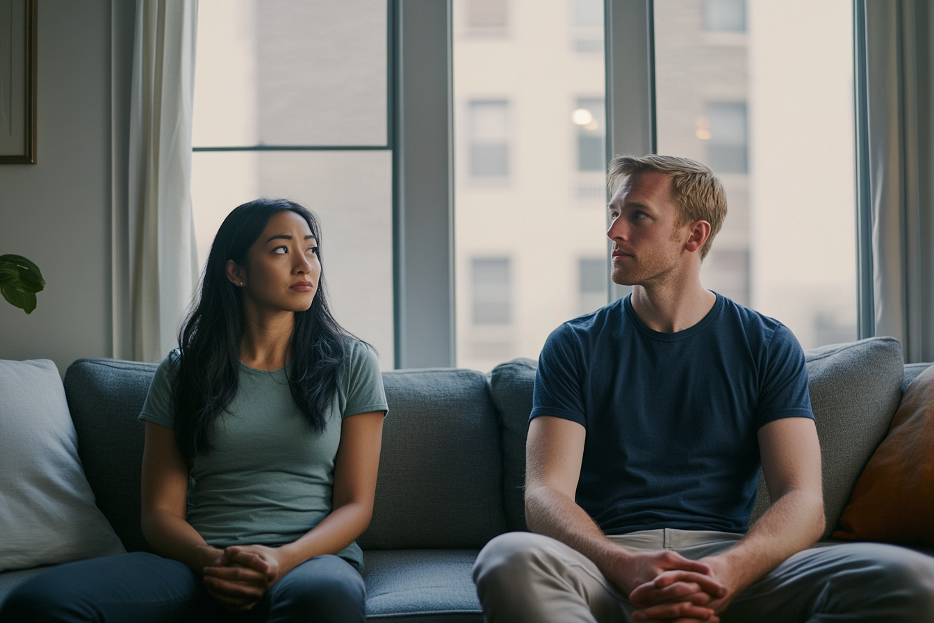 Couple sitting apart on a sofa in a New York apartment, reflecting the deeper emotional patterns Schema Therapy addresses when cognitive behavioral therapy uncovers something beneath the surface