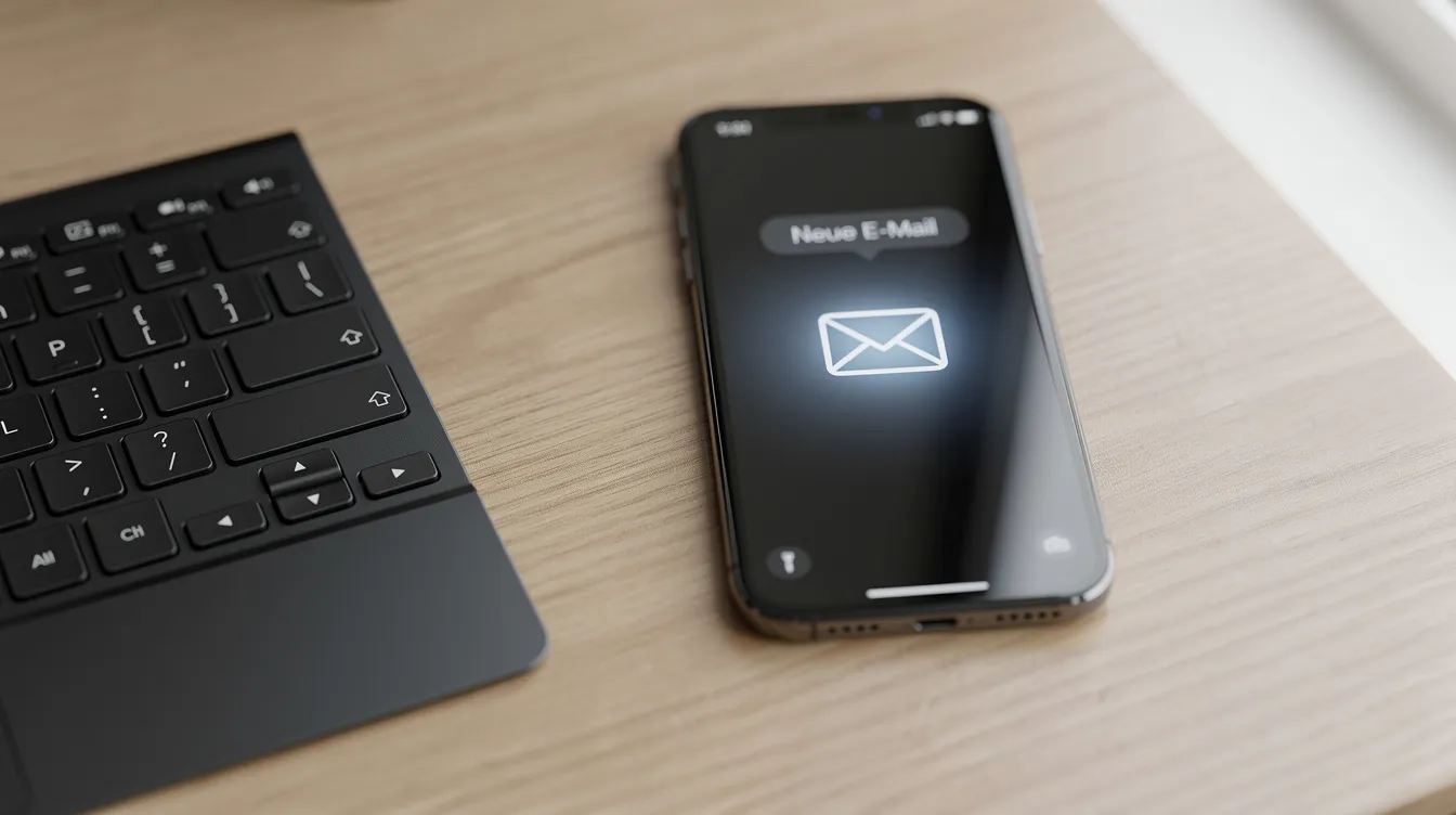 Ein Smartphone liegt auf einem Schreibtisch neben einer Tastatur, wobei ein E-Mail-Symbol auf dem Display leuchtet. Diese Szene könnte Teil des Bewerbungsmanagements im Recruiting-Prozess sein, um die positive Candidate Experience zu verbessern.