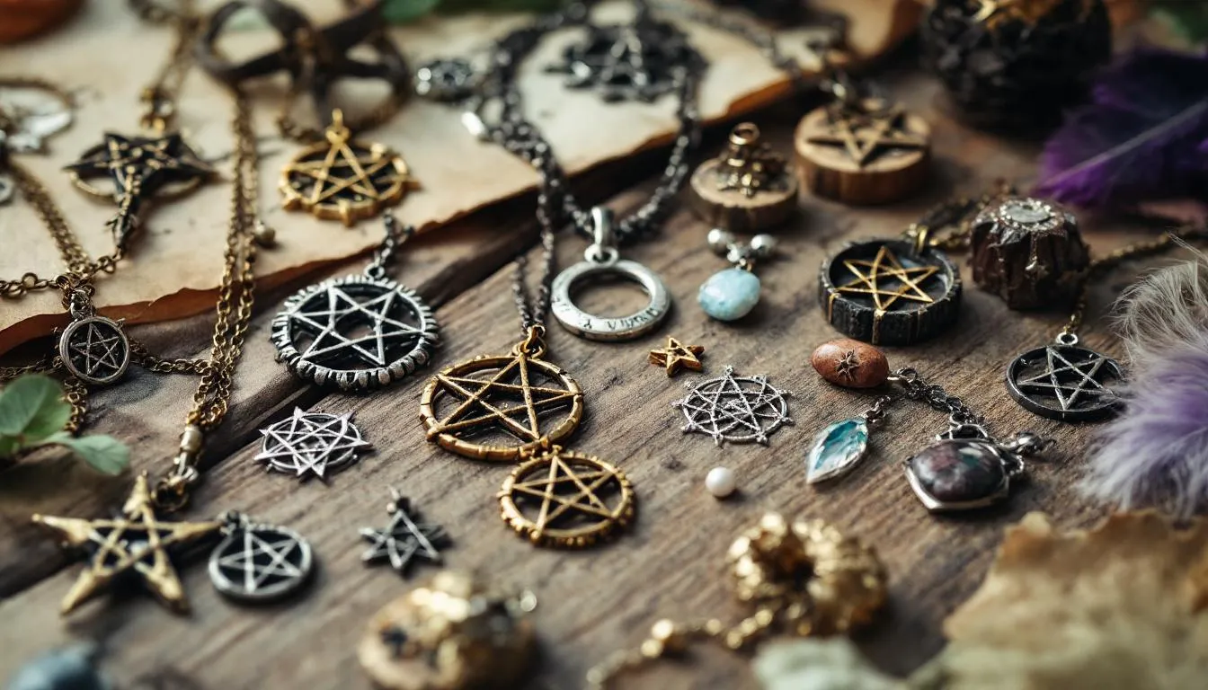 The image showcases a stunning collection of witch jewelry, featuring a variety of charms and necklaces, including classic pentacle designs that symbolize protection. The pieces, crafted from metal and inspired by nature, reflect a magical essence, making them perfect gifts for those who love witchcraft and wish to express their spiritual style.
