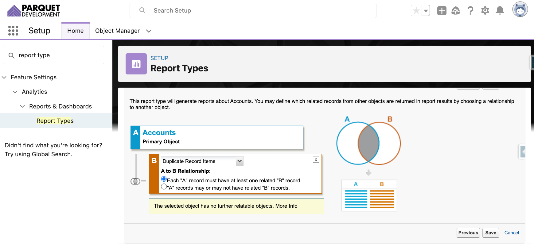 Screenshot of creating a Salesforce Custom Report Type
