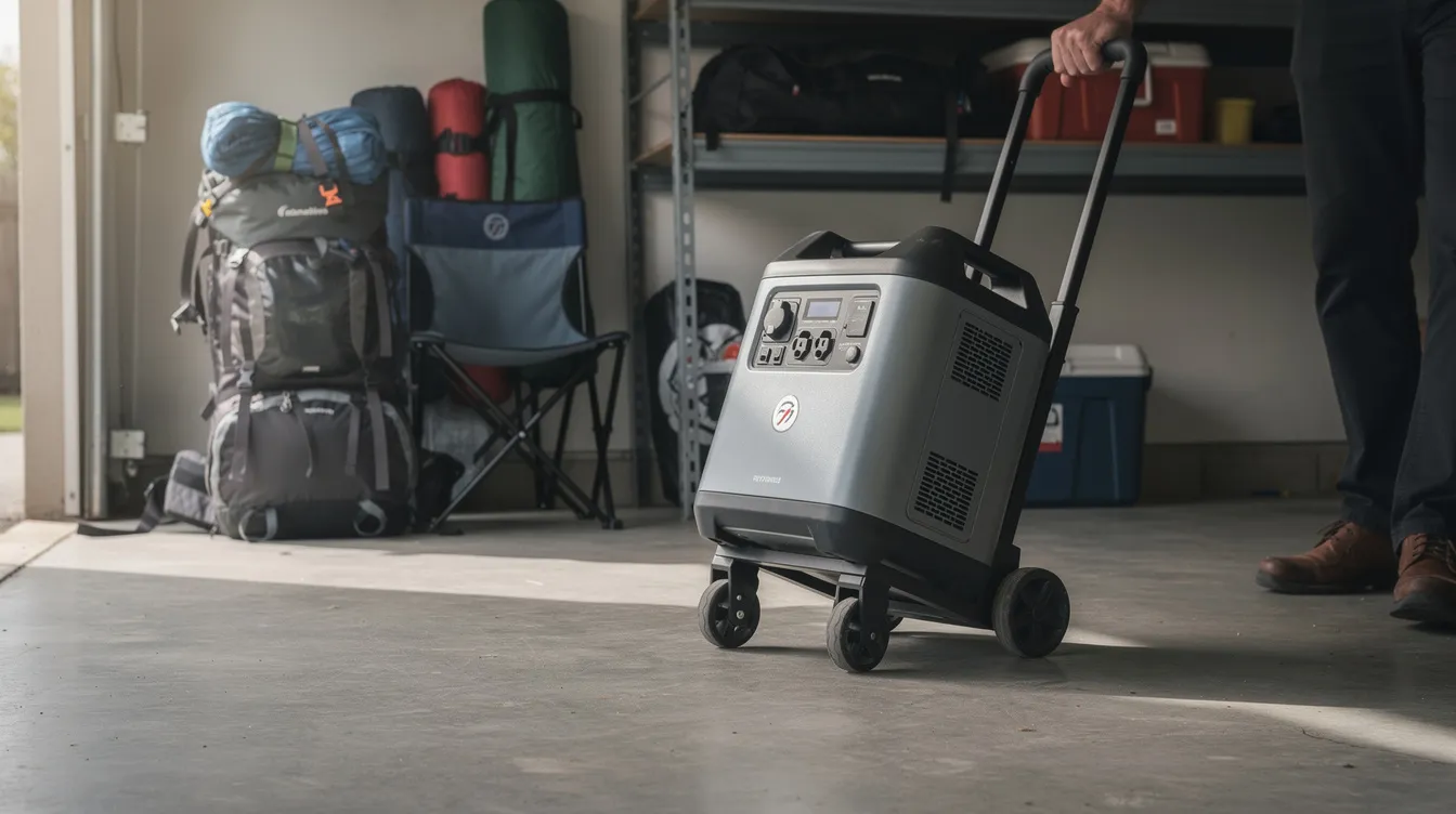 The image shows a portable battery unit being rolled through a garage, surrounded by various camping gear, highlighting its portable design and usability for outdoor activities. This jackery power station is ideal for charging devices during camping trips, ensuring reliable power with its battery capacity and solar charging capabilities.