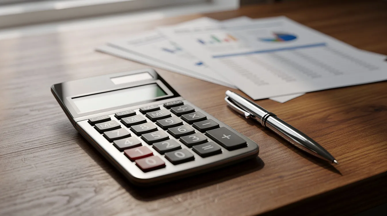 The image features a close-up view of a calculator, a pen, and various financial documents arranged on a wooden desk, indicating a scene of financial planning. This setup may be relevant for public service roles in the 香港特別行政區, particularly for新入職公務員 who are preparing for their future in 2026.