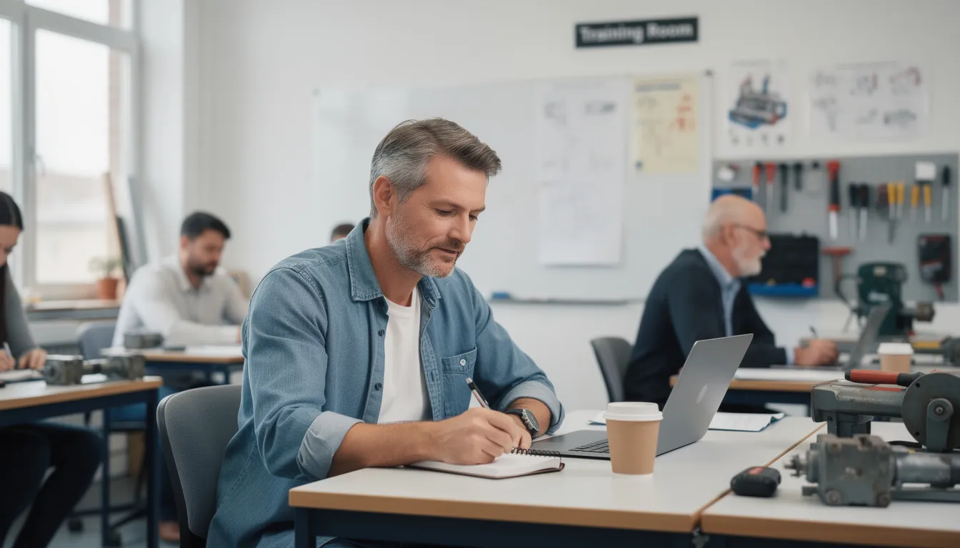 The image shows an adult student engaged in a classroom or vocational training setting, focused on learning skills that may assist in their recovery from a workplace injury. This environment is designed to support injured workers in gaining the necessary knowledge for gainful employment and navigating their workers compensation benefits.