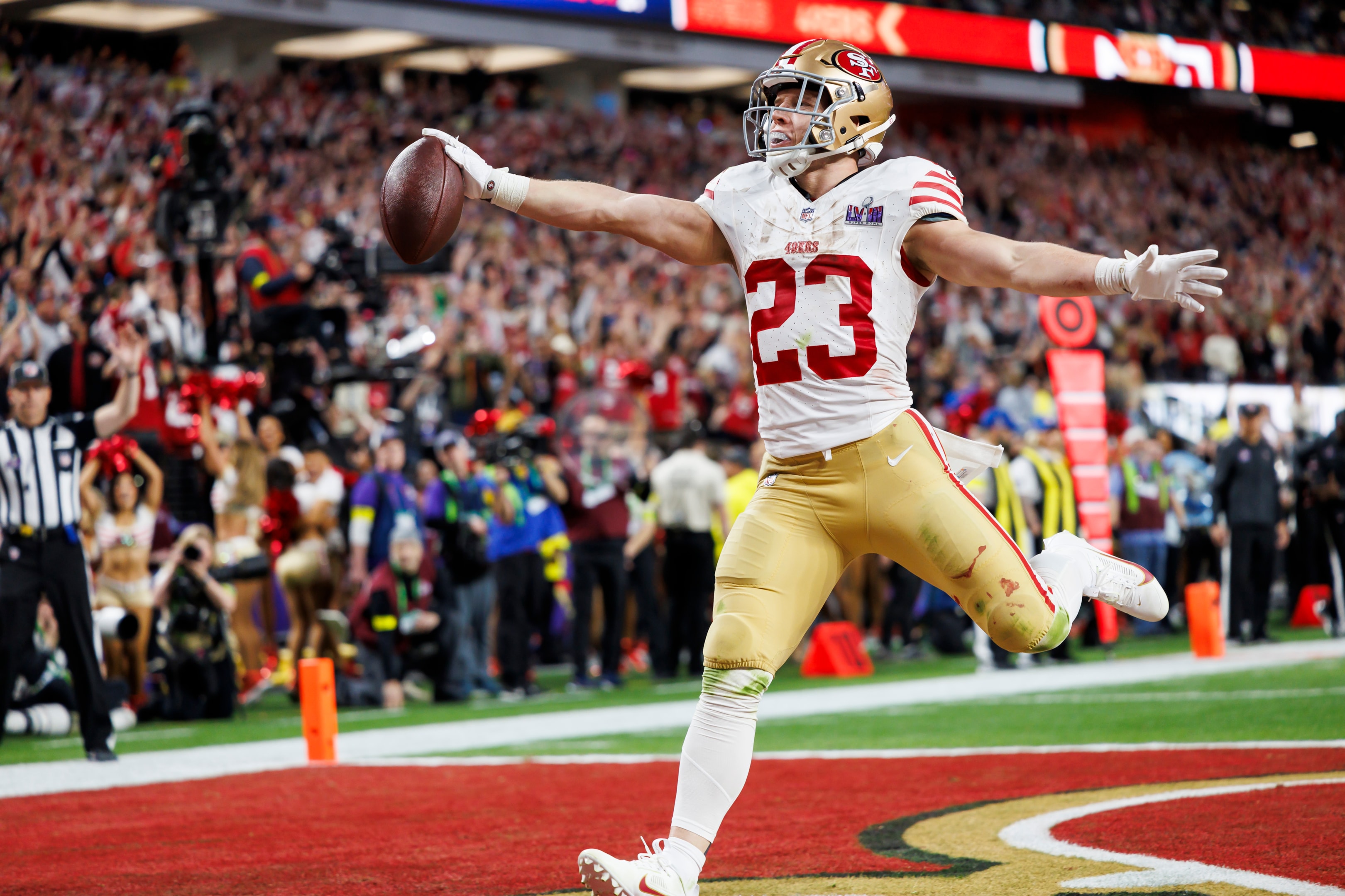 Christian McCaffrey of the San Francisco 49ers celebrates after scoring a touchdown during Super Bowl LVIII against the Kansas City Chiefs at Allegiant Stadium on February 11, 2024 in Las Vegas, Nevada. 