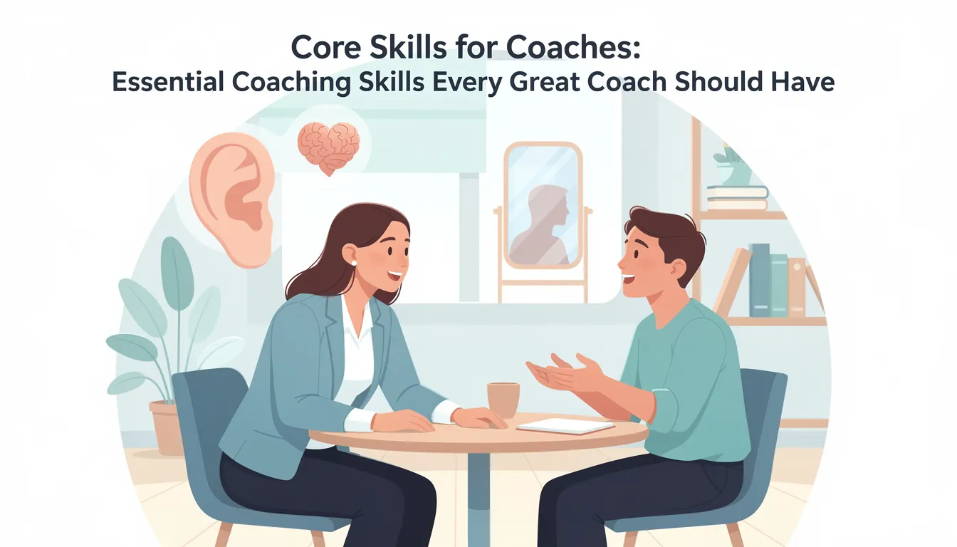 The image illustrates the core skills essential for effective coaching, highlighting key components like active listening, emotional intelligence, and self-awareness. These skills foster a supportive coaching relationship, enabling coaches to fully engage with their clients' words and emotions, ultimately enhancing personal growth and development.