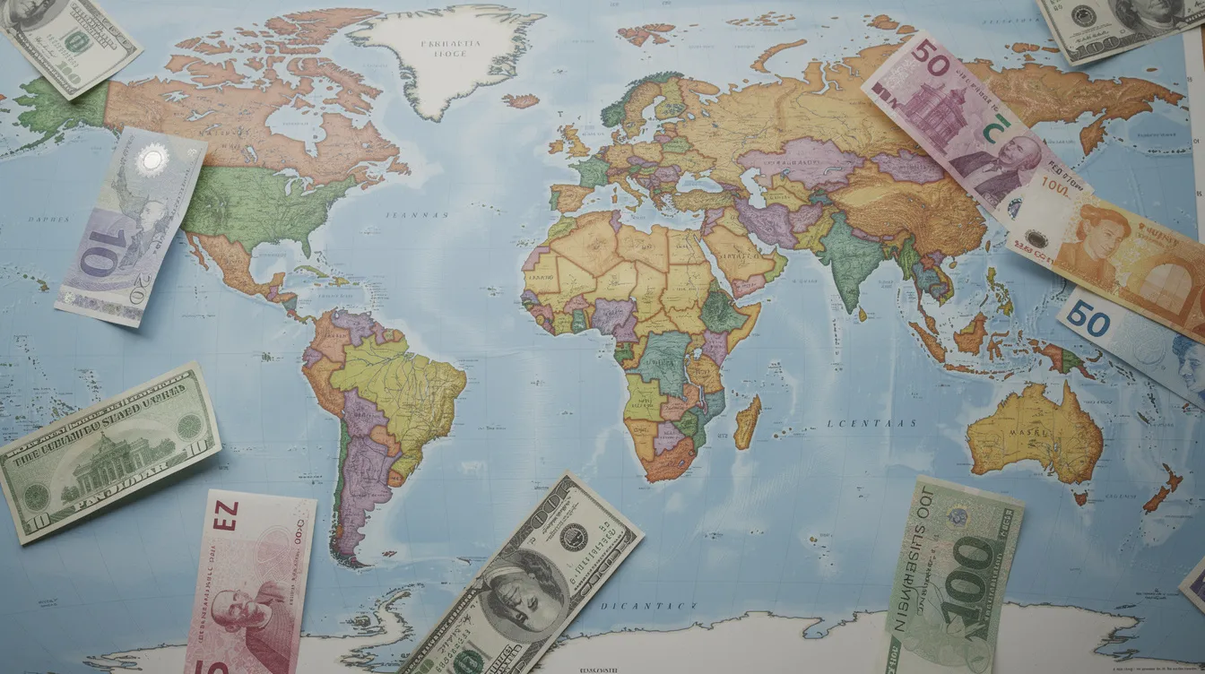 A imagem mostra notas de diferentes moedas internacionais espalhadas sobre um mapa mundi, simbolizando a diversidade financeira do mundo e as possibilidades de viagem. Este cenário pode evocar a ideia de planejamento de uma viagem, com foco em destinos ao redor do Brasil e do mundo.