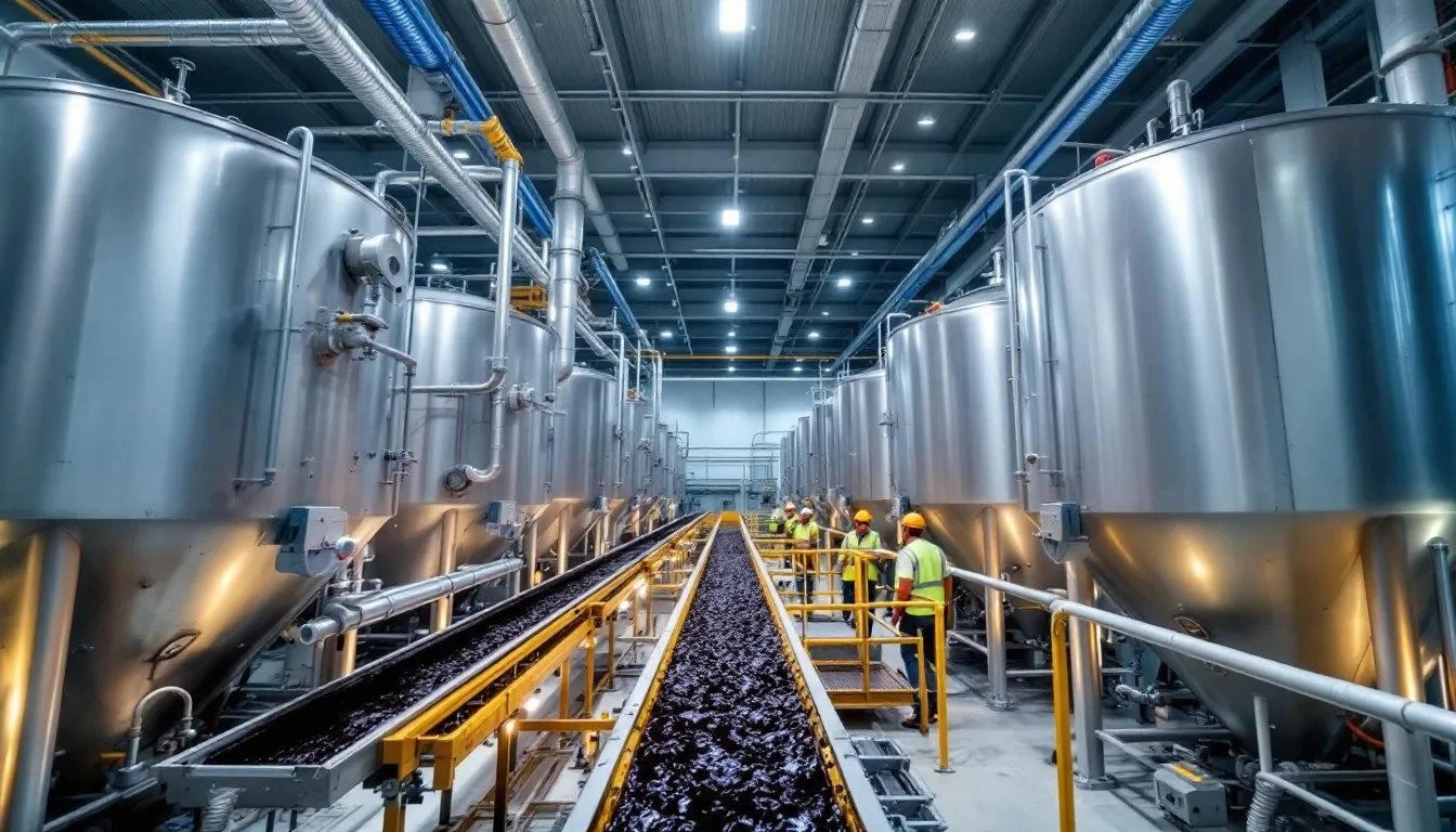 The image depicts modern oil extraction machinery within a processing facility, showcasing advanced industrial equipment used for producing various vegetable oils, such as olive oil, sunflower oil, and peanut oil. The setup highlights the refining process essential for extracting high-quality cooking oils from seeds and plants.