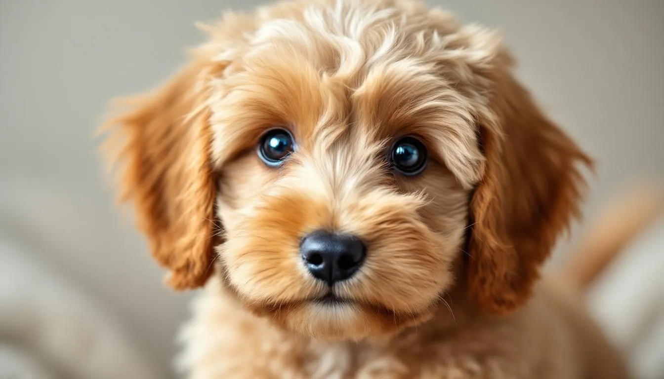 A close-up of a small goldendoodle reveals its soft, wavy coat and adorable teddy bear-like face, showcasing the breed