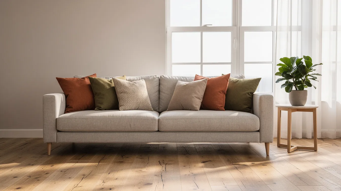 Een gezellige bank met verschillende sierkussens in aardetinten staat in een lichte woonkamer met een houten vloer. De kussens, die zijn ontworpen voor optimale comfort en een verzorgde uitstraling, passen perfect bij de chique sfeer van de ruimte.