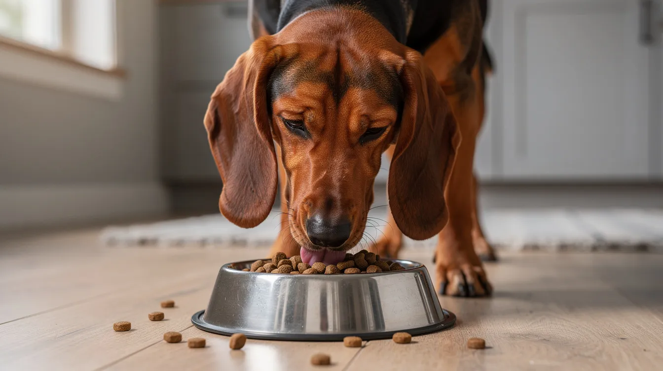 A Bavarian Mountain Hound, a medium-sized hunting dog known for its keen sense of smell, is happily eating high-quality kibble from a dog bowl. The dog has a muscular build and a short coat, showcasing its healthy breed characteristics while enjoying its meal.