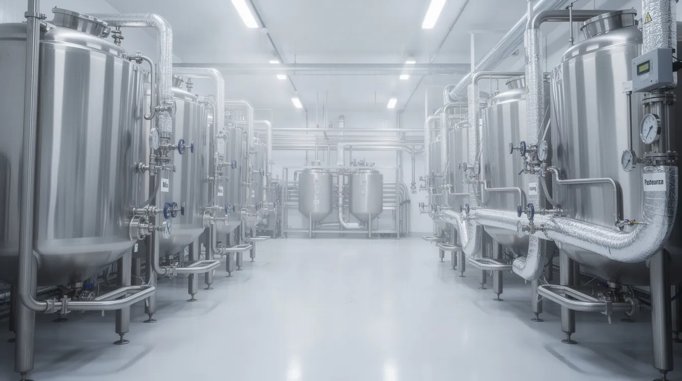 31eca41e e98c 4f89 973b 597310d0140a The image depicts a modern ice cream factory featuring stainless steel processing tanks and extensive piping systems, essential for the large-scale industrial production of ice creams. This setup highlights the critical components of an ice cream manufacturing plant, showcasing the equipment necessary for processing ice cream mix while adhering to food safety standards.
