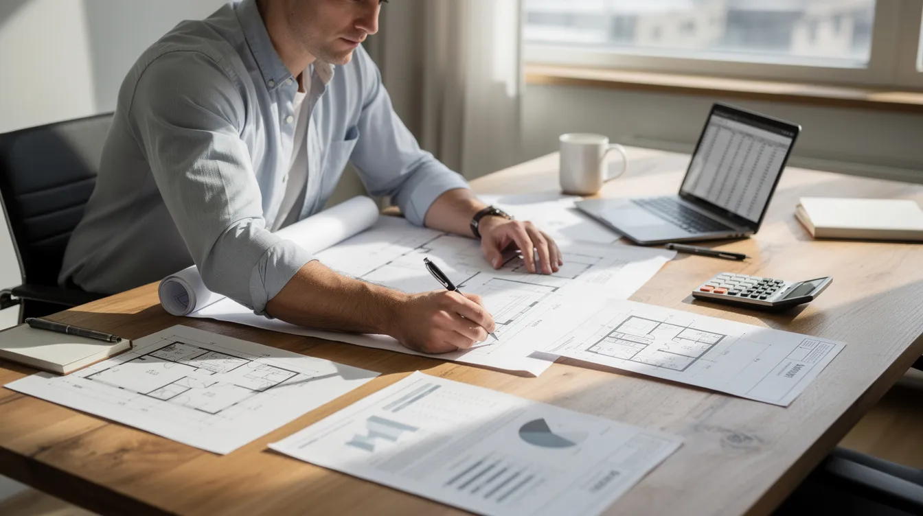 The image shows a person intently reviewing architectural blueprints alongside financial documents on a wooden desk, highlighting the planning stages of hotel or resort projects. The detailed project report includes crucial information about loan amounts and financing options, essential for successful resort development.